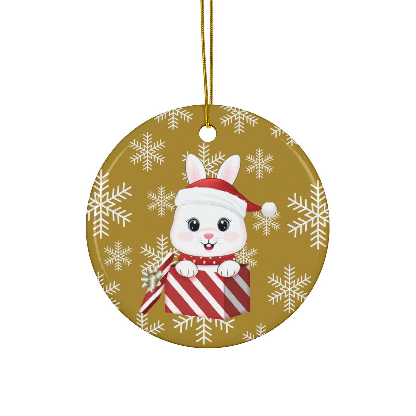 Christmas Bunny In A Box, Round Ceramic Ornament