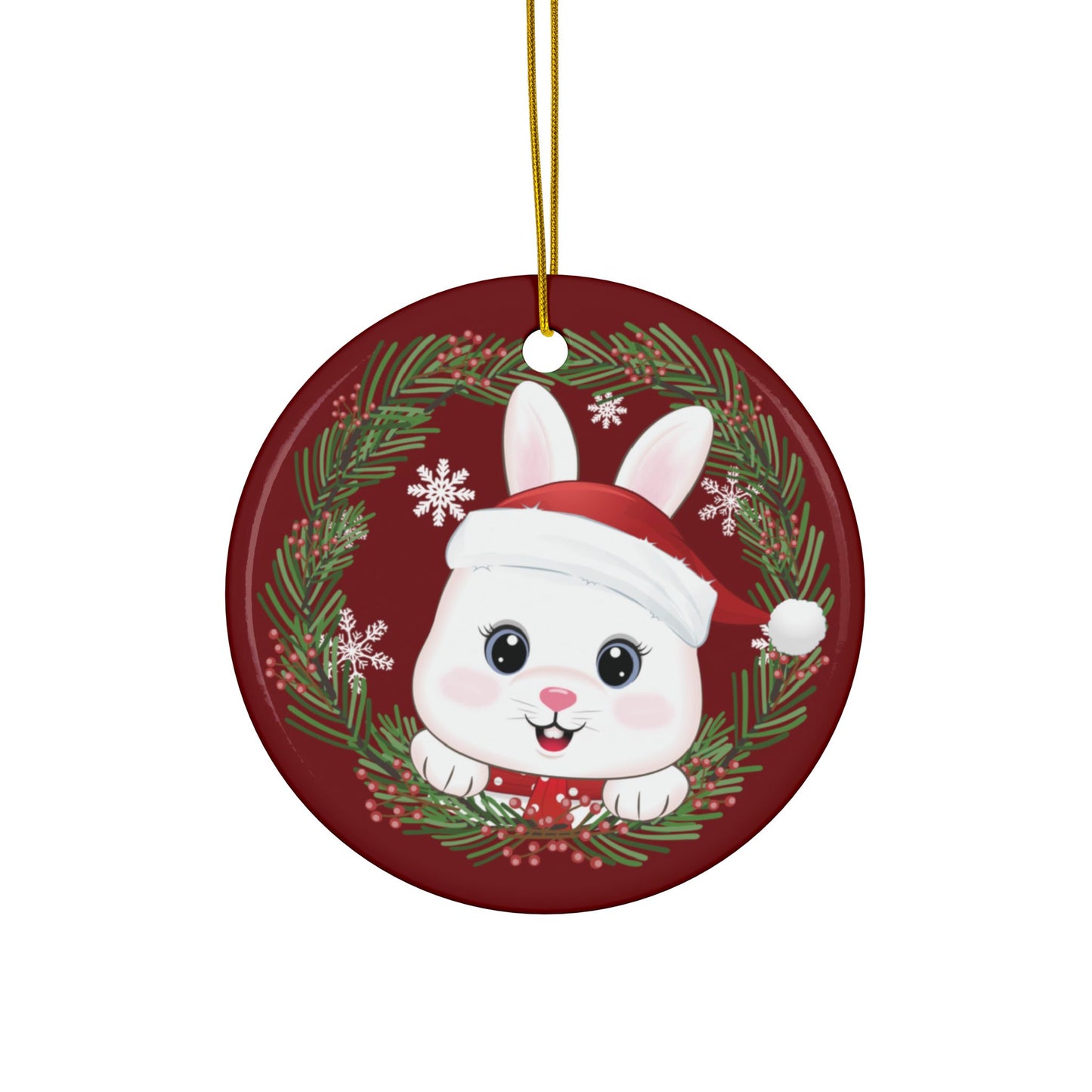 Red Wreath Christmas Bunny, Round Ceramic Ornament