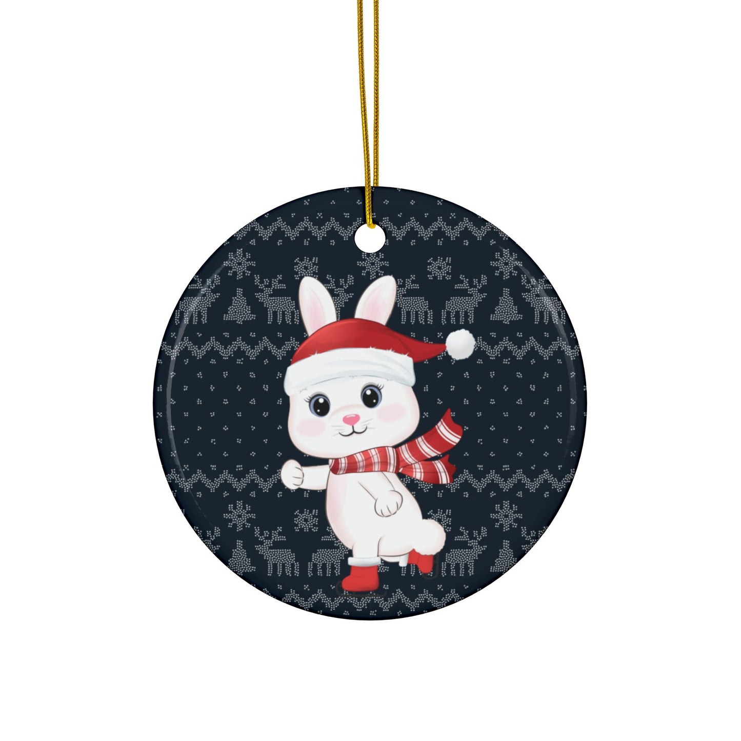 Ice-skating Christmas Bunny, Round Ceramic Ornament