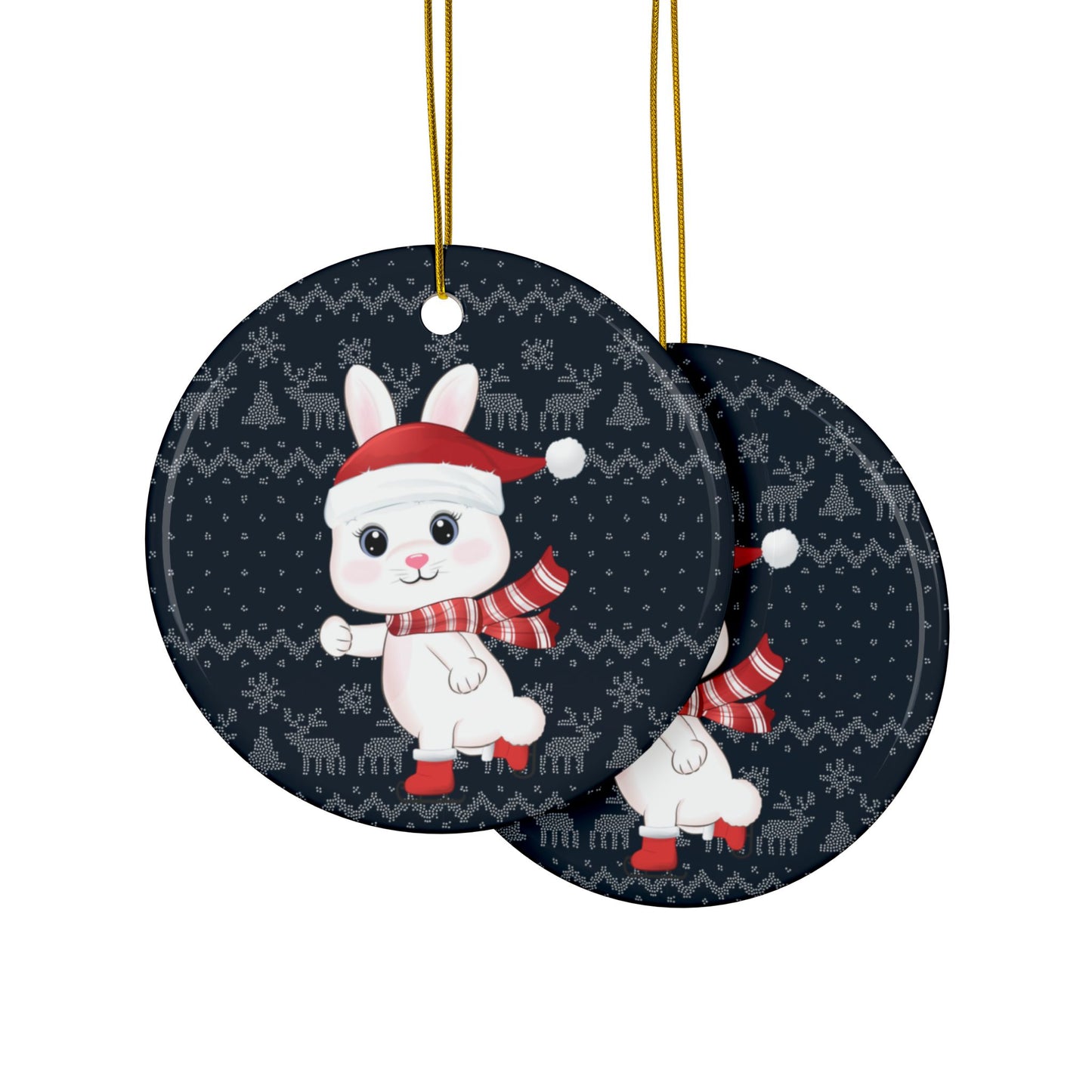 Ice-skating Christmas Bunny, Round Ceramic Ornament