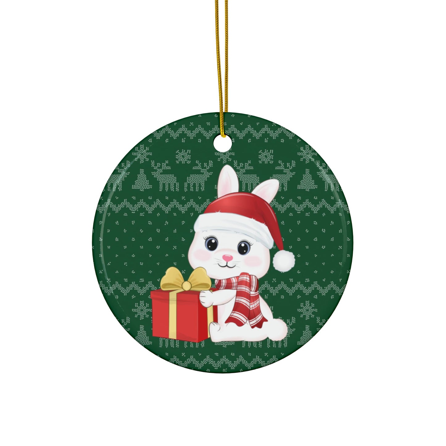 Christmas Bunny with Gift, Round Ceramic Ornament