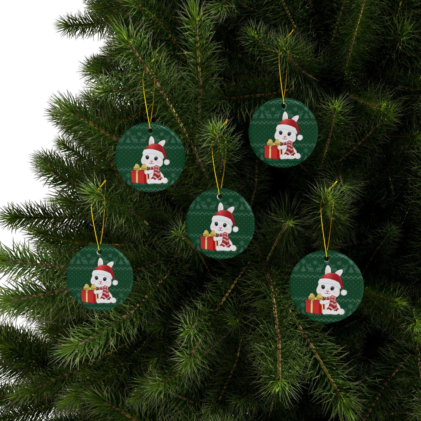 Christmas Bunny with Gift, Round Ceramic Ornament