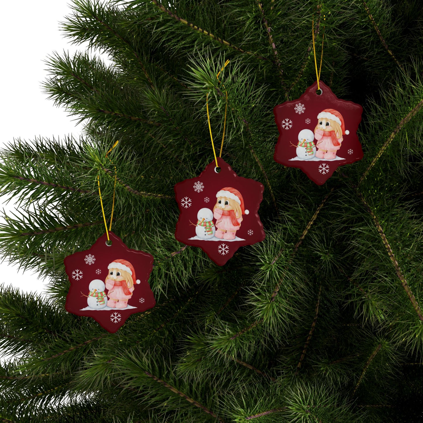 Mini Lop with Snowman, Snowflake-Shaped Ceramic Ornament