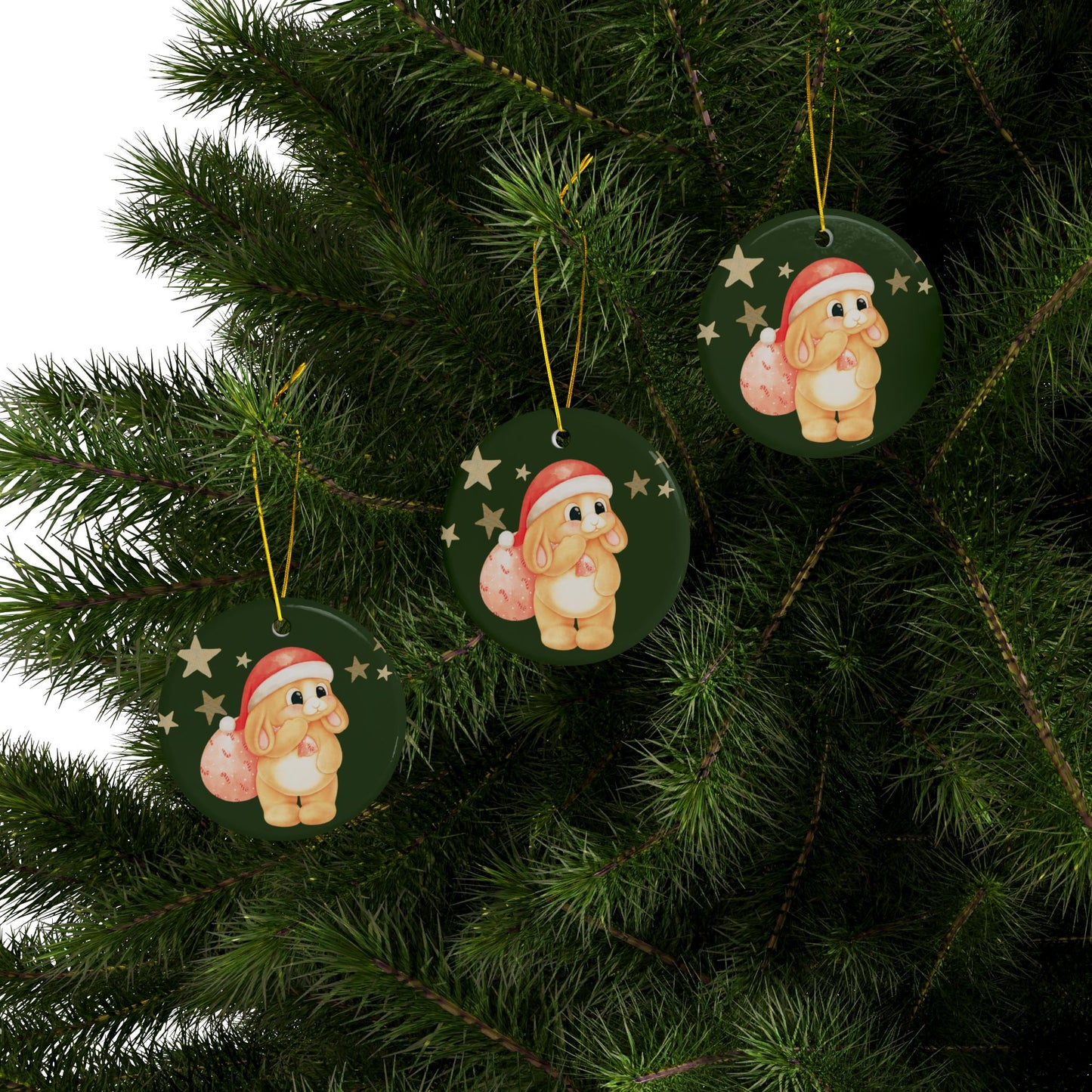 Mini Lop Santa, Round Ceramic Ornament