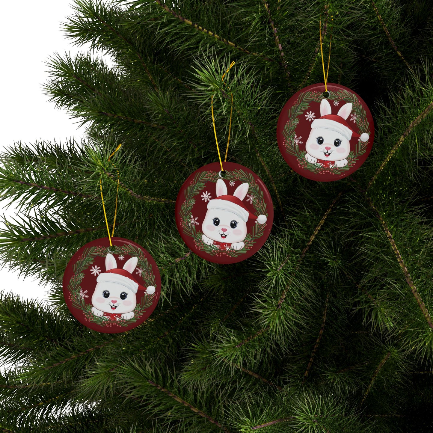 Red Wreath Christmas Bunny, Round Ceramic Ornament