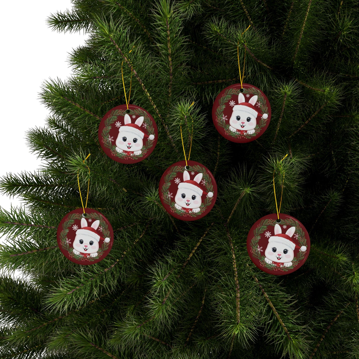 Red Wreath Christmas Bunny, Round Ceramic Ornament