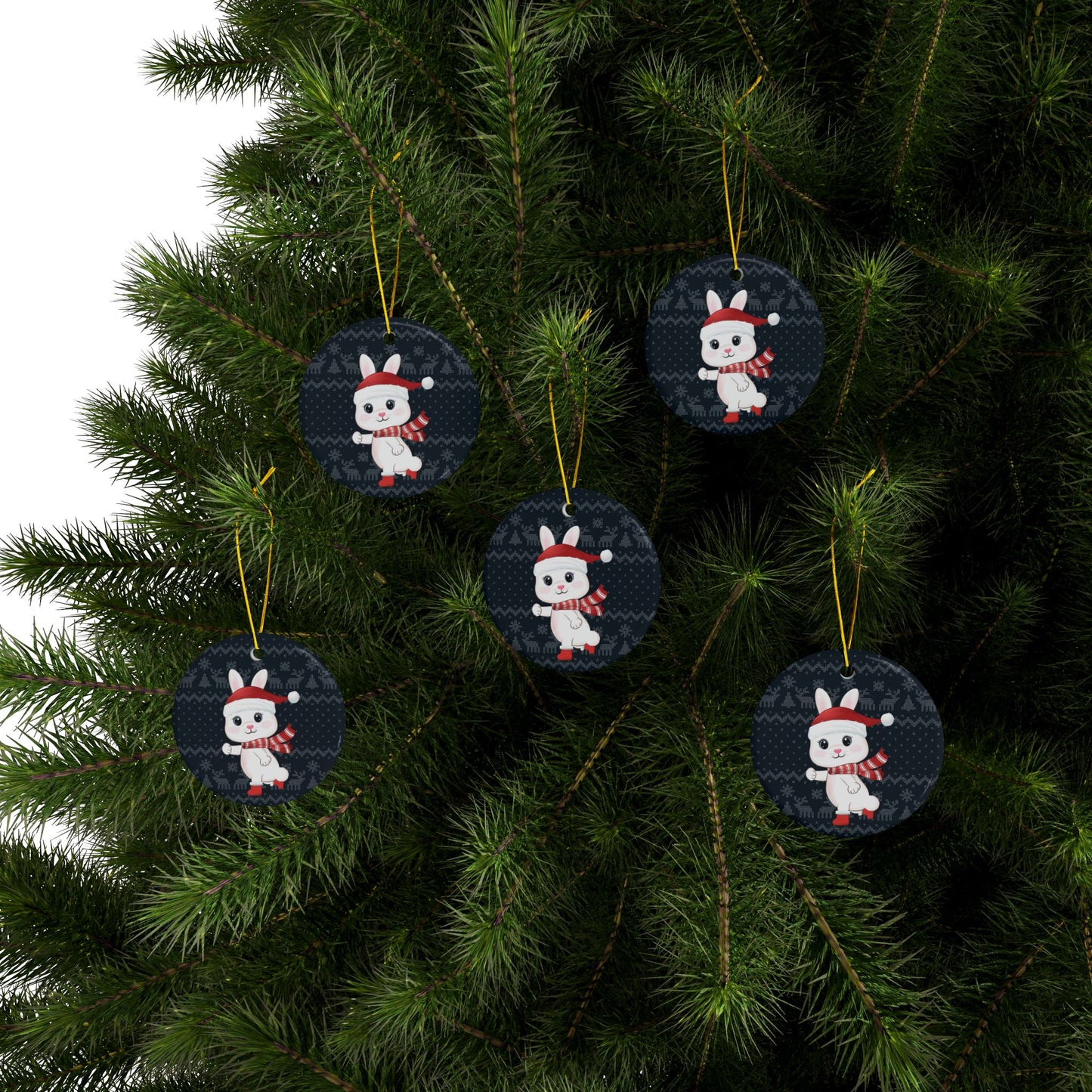 Ice-skating Christmas Bunny, Round Ceramic Ornament