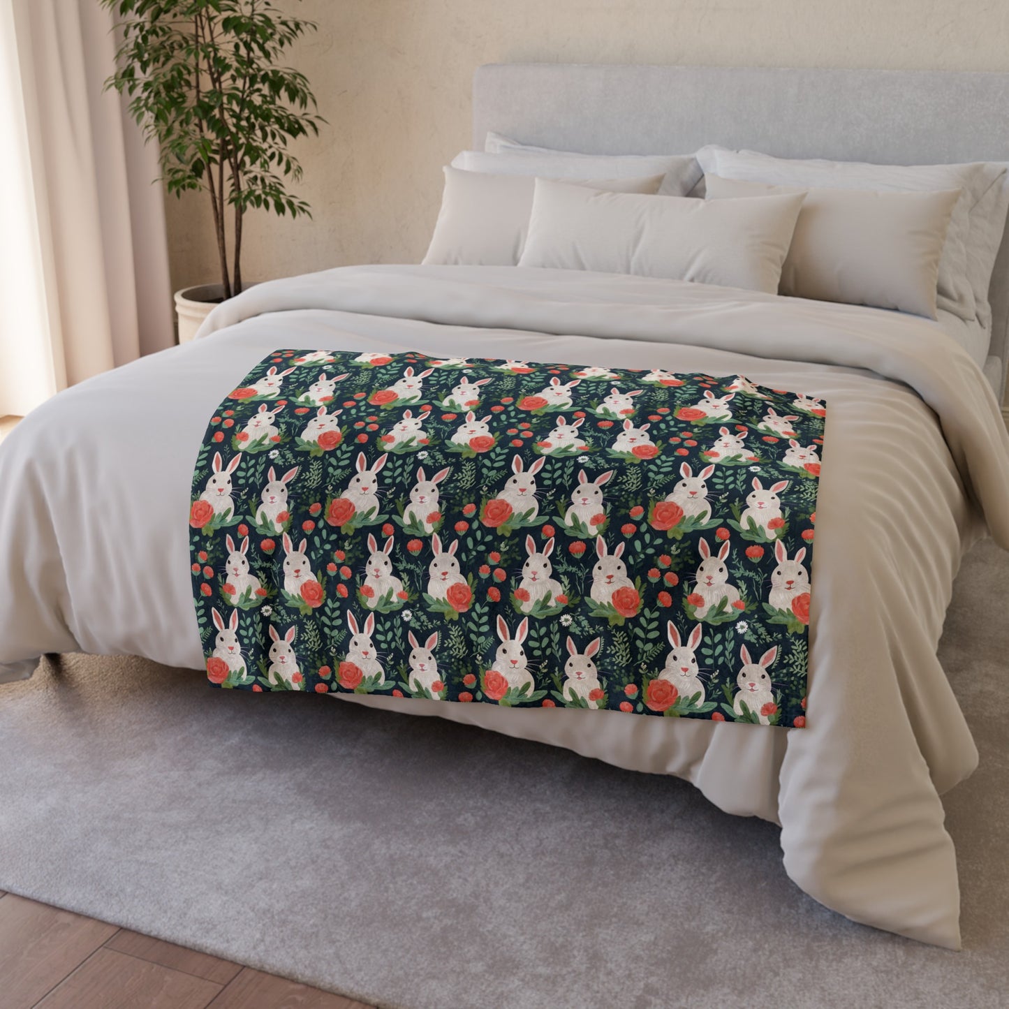 Bunnies and Hibiscus Soft Polyester Blanket