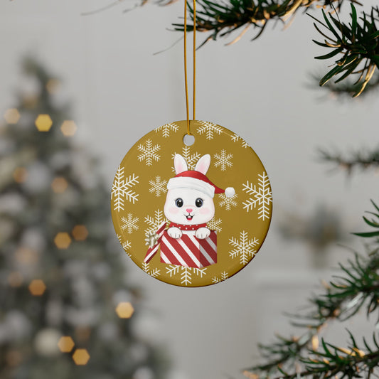 Christmas Bunny In A Box, Round Ceramic Ornament