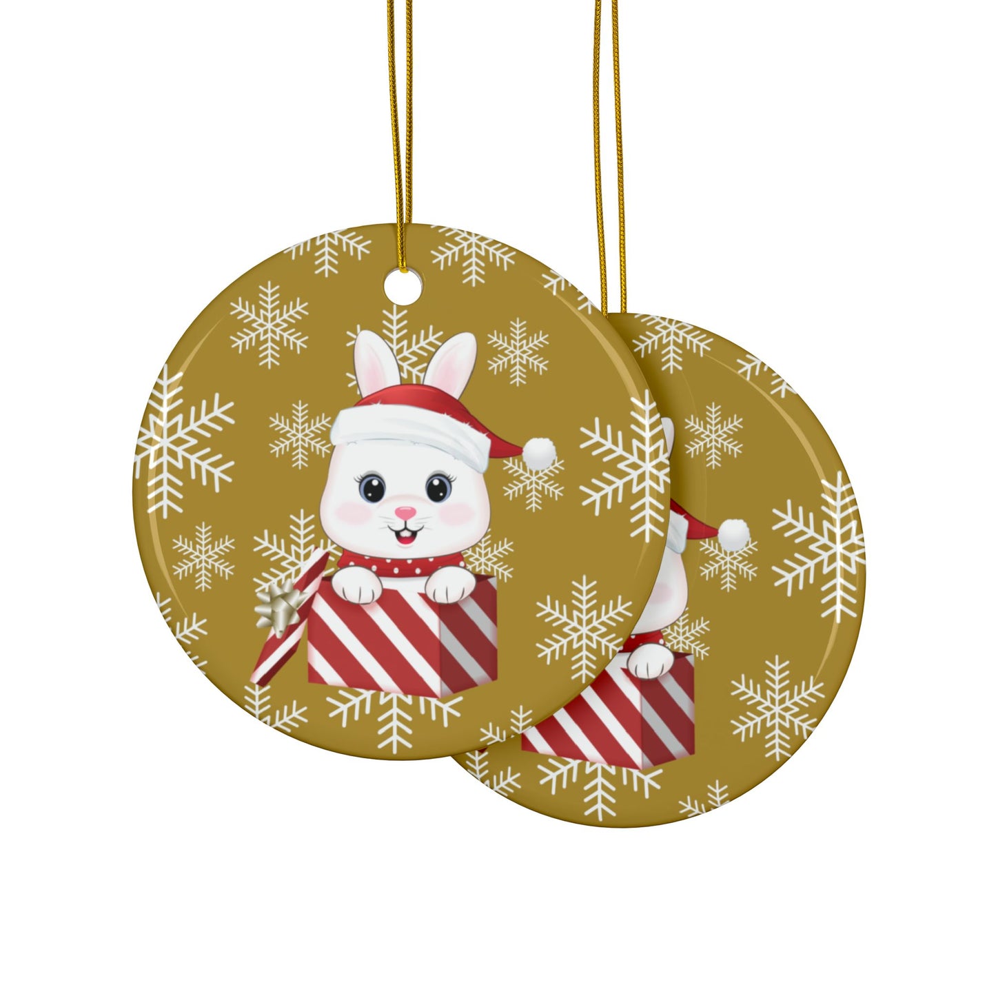 Christmas Bunny In A Box, Round Ceramic Ornament