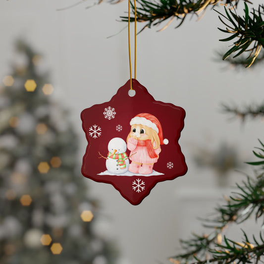 Mini Lop with Snowman, Snowflake-Shaped Ceramic Ornament