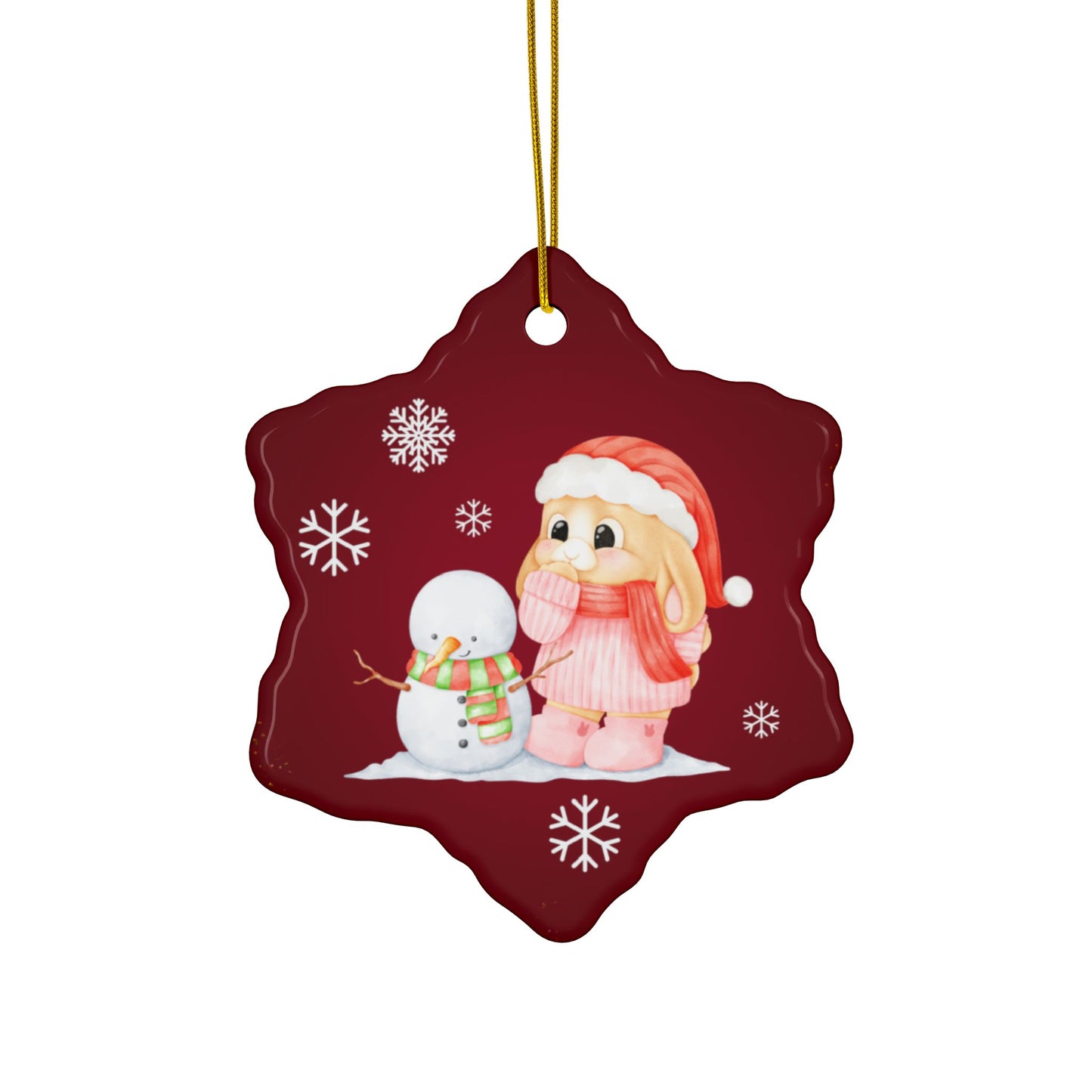 Mini Lop with Snowman, Snowflake-Shaped Ceramic Ornament