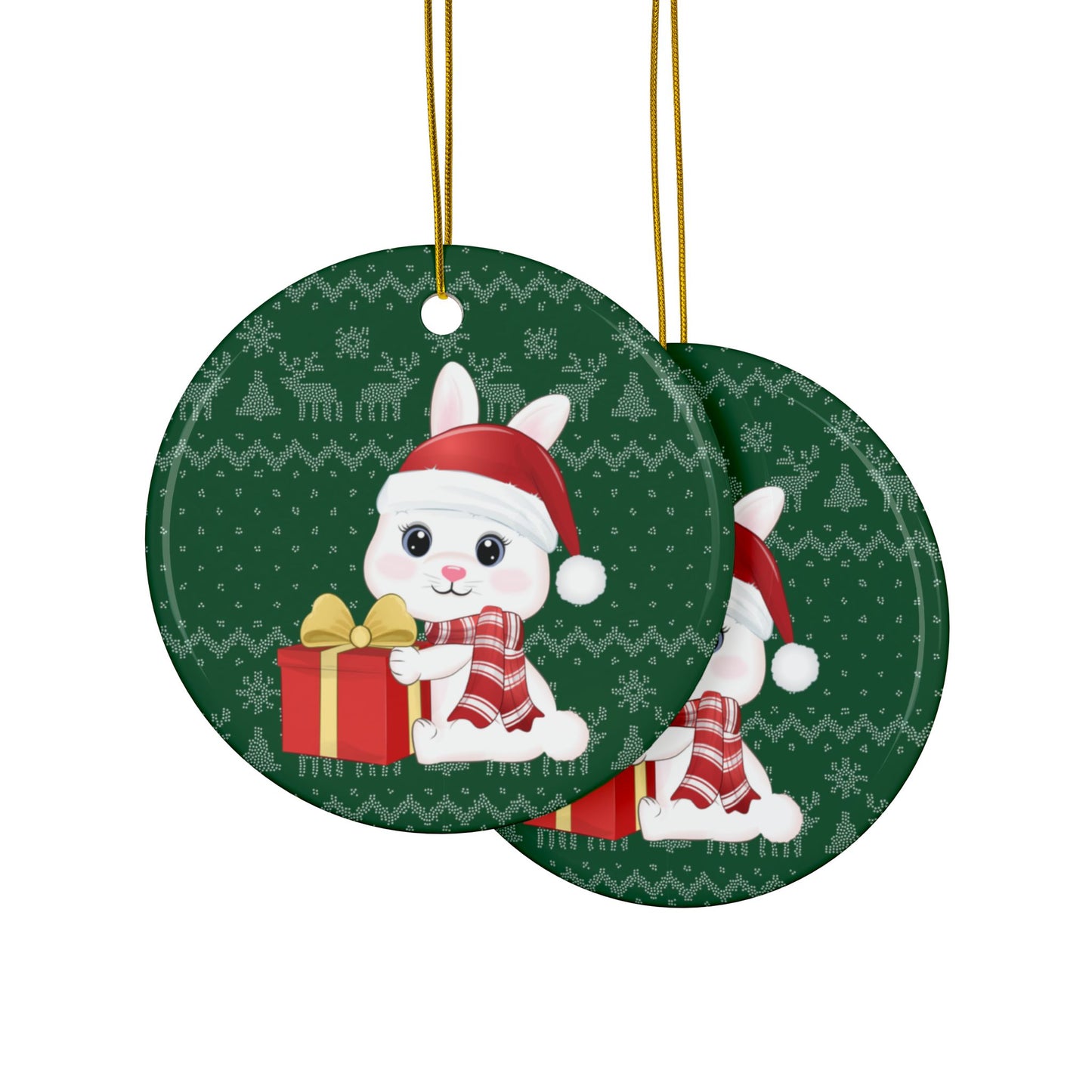 Christmas Bunny with Gift, Round Ceramic Ornament