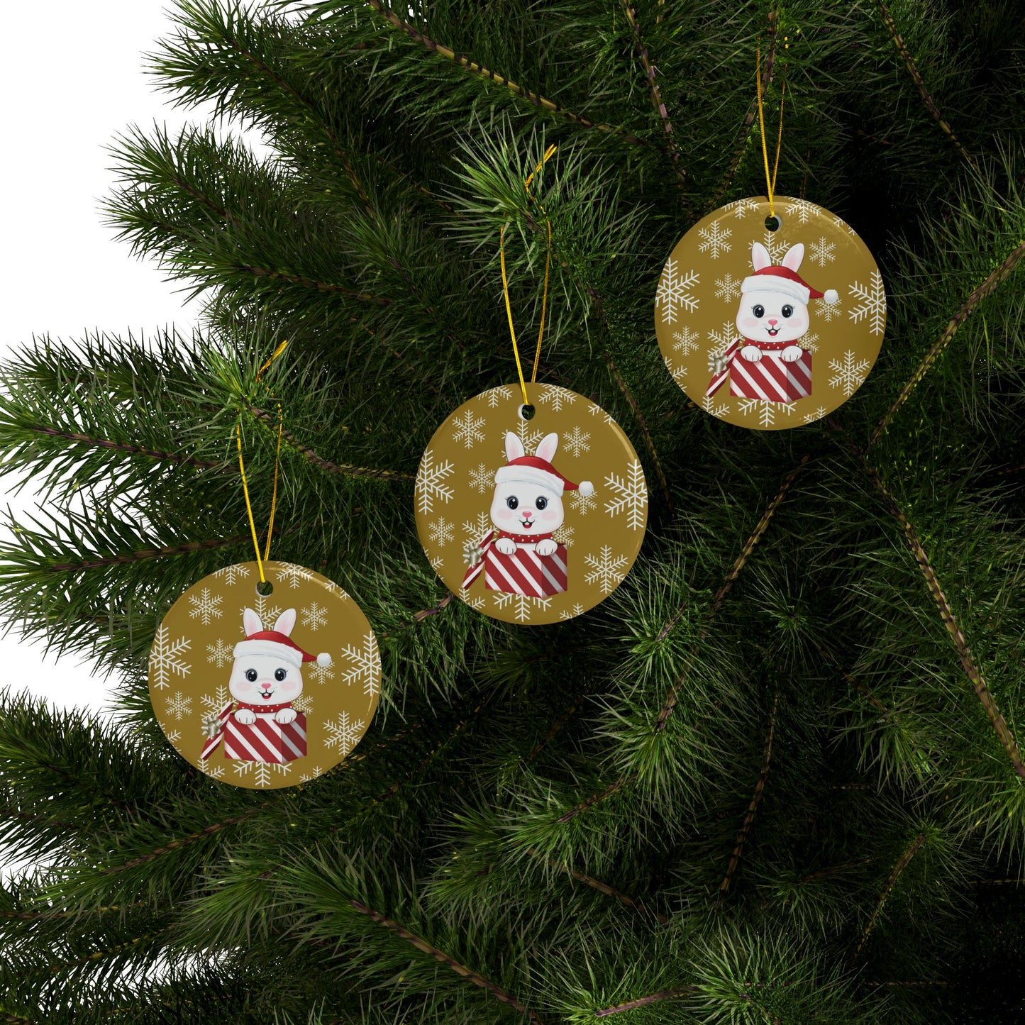 Christmas Bunny In A Box, Round Ceramic Ornament