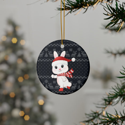 Ice-skating Christmas Bunny, Round Ceramic Ornament