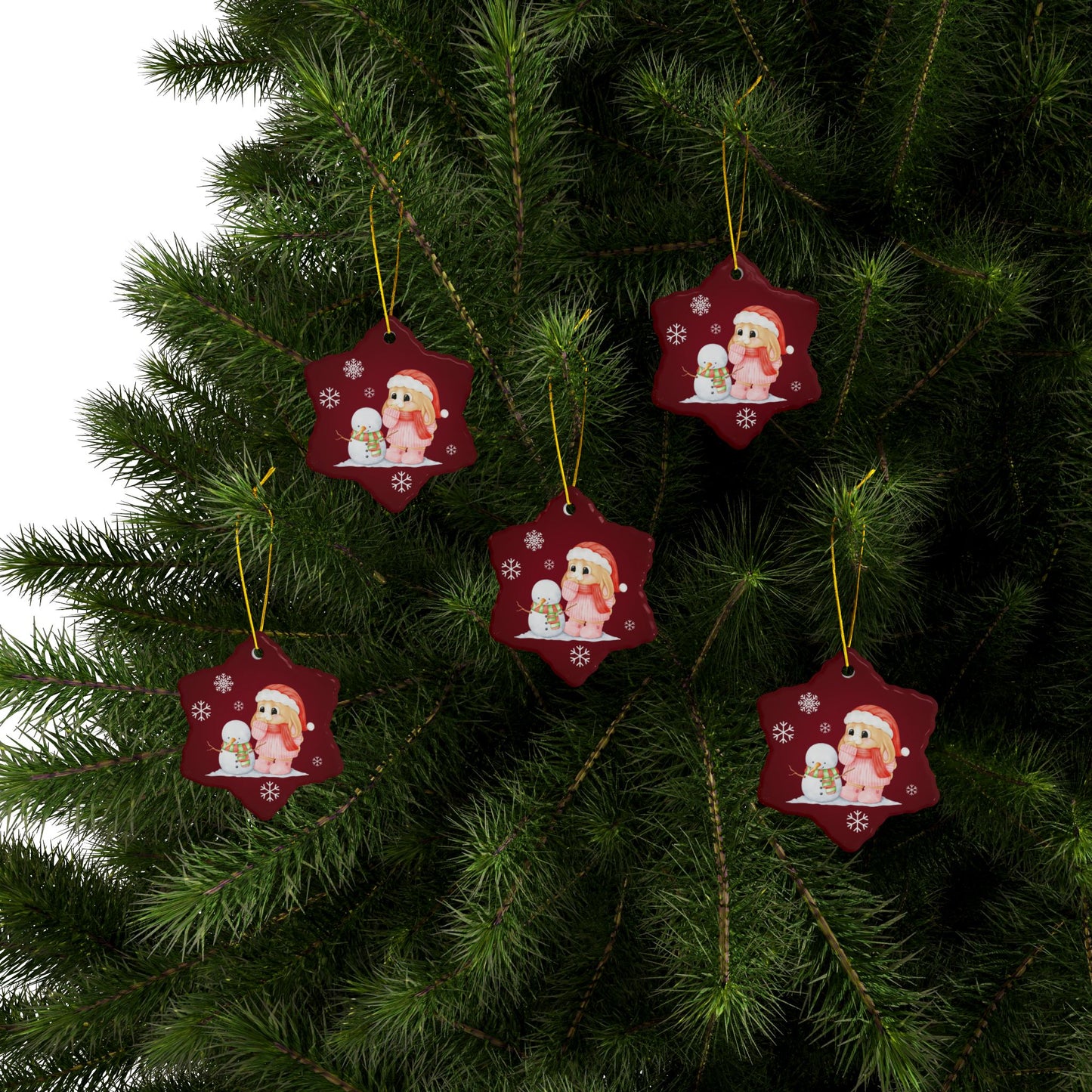 Mini Lop with Snowman, Snowflake-Shaped Ceramic Ornament