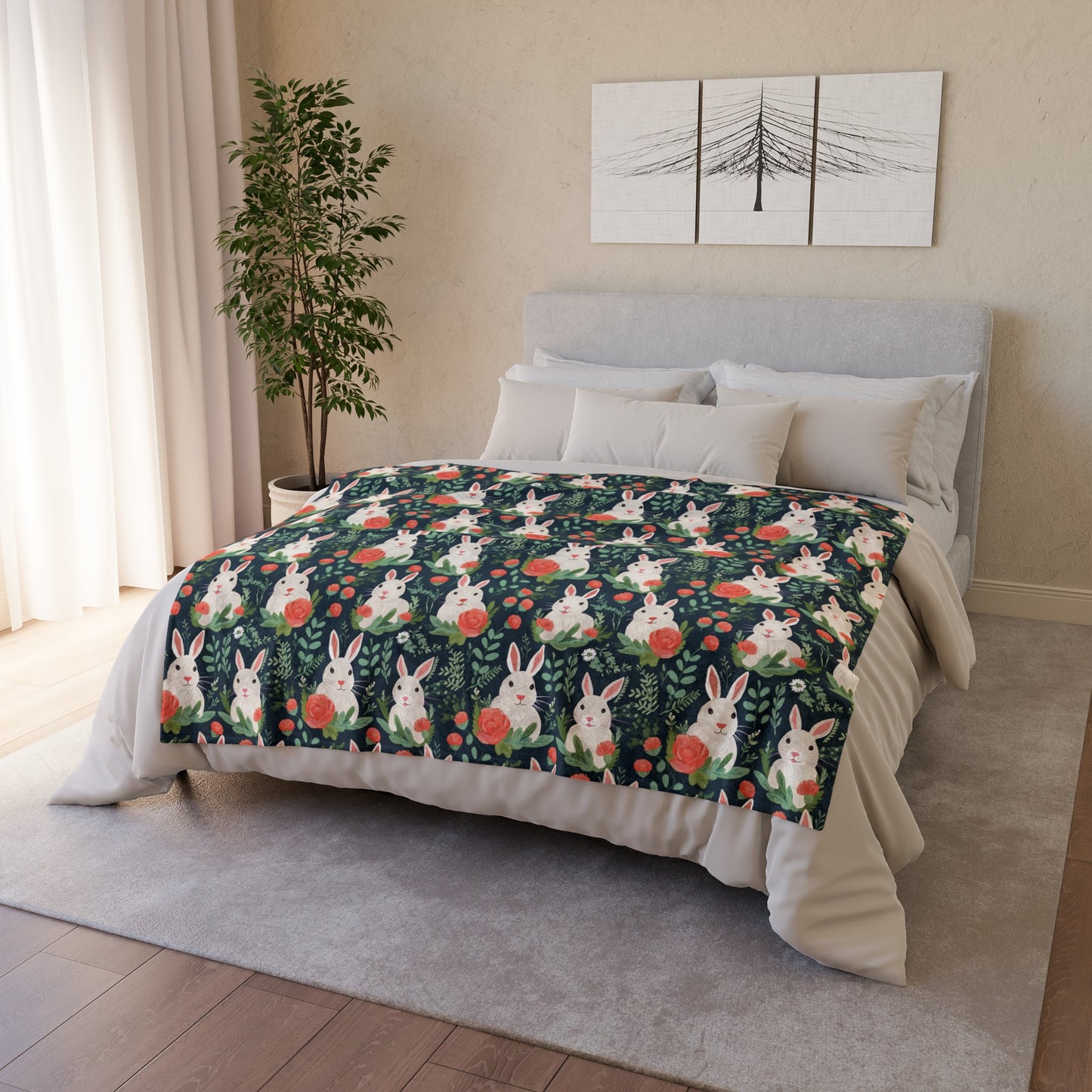 Bunnies and Hibiscus Soft Polyester Blanket