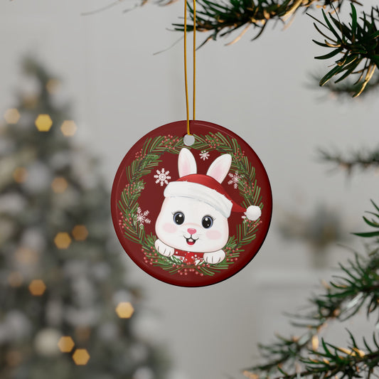 Red Wreath Christmas Bunny, Round Ceramic Ornament