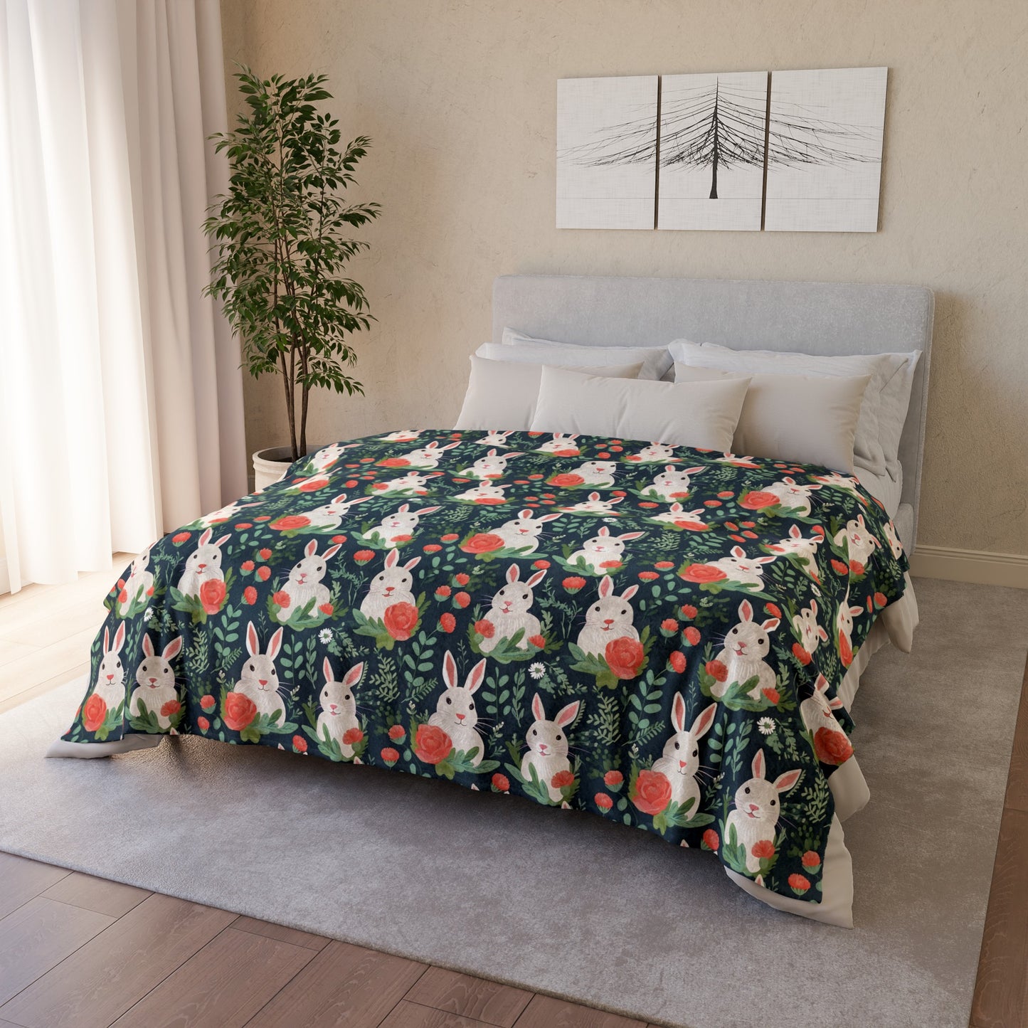 Bunnies and Hibiscus Soft Polyester Blanket