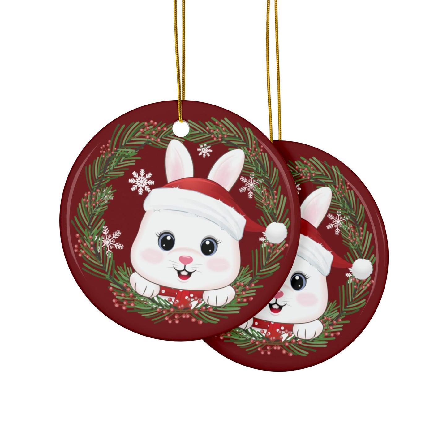 Red Wreath Christmas Bunny, Round Ceramic Ornament