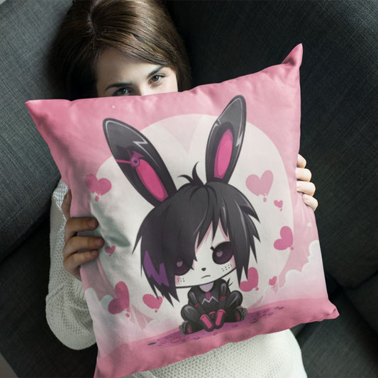 Girl with brown hair holding a pink and black emo bunny pillow