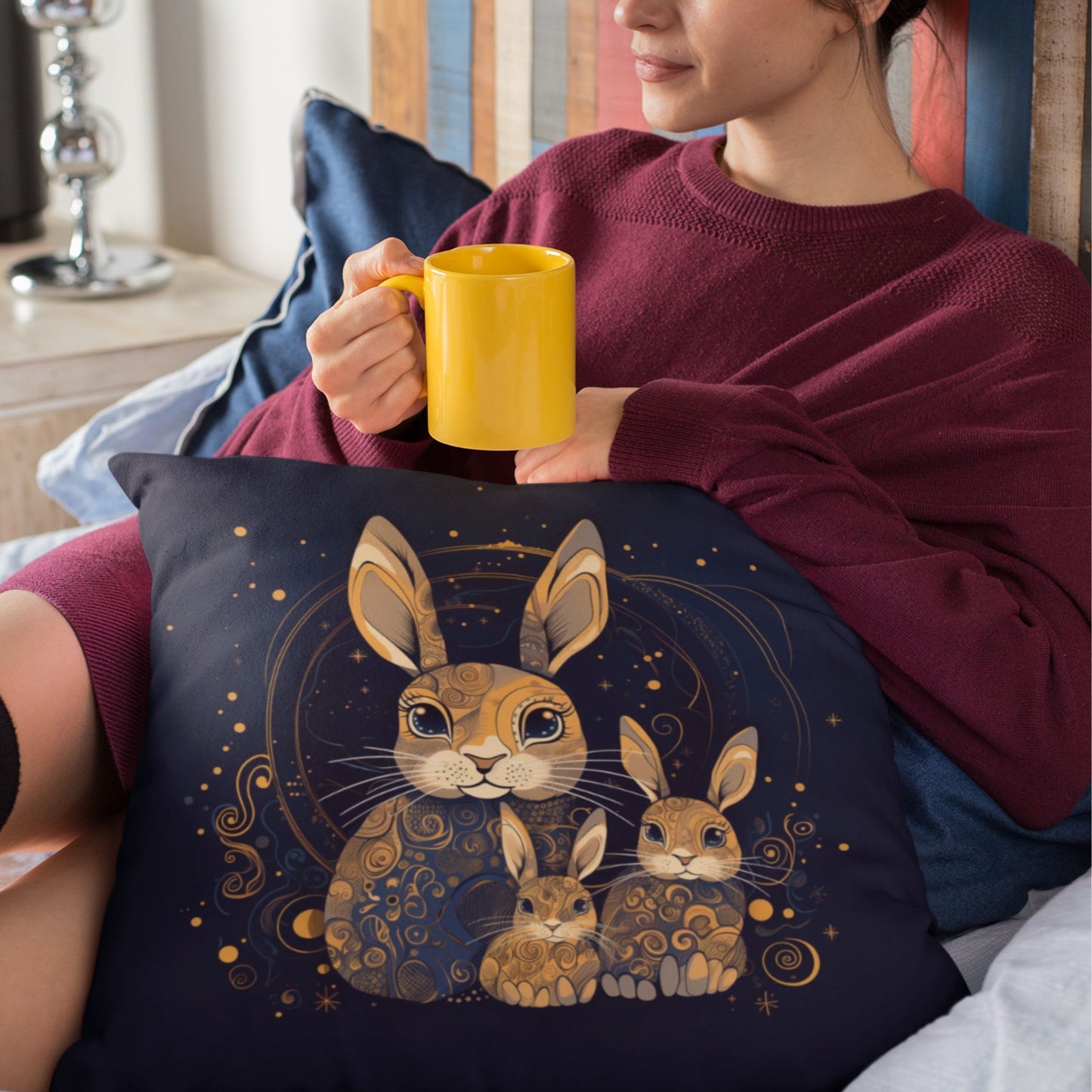 Golden Bunny Family Square Pillow