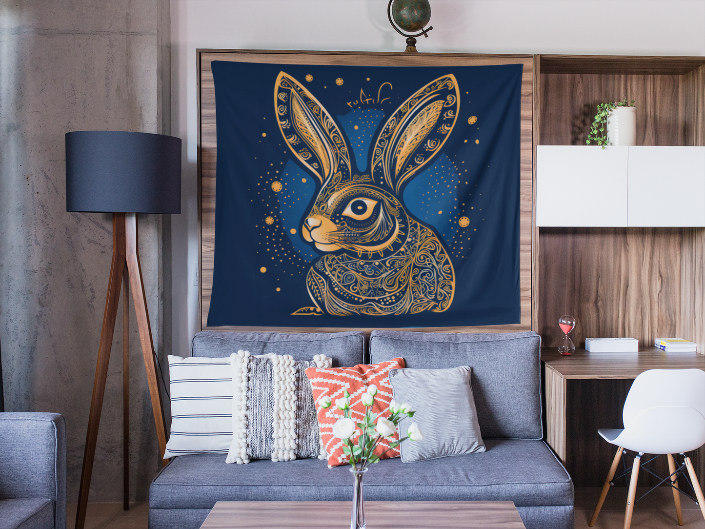 Rabbit Art Nouveau Gold & Blue Wall Tapestry