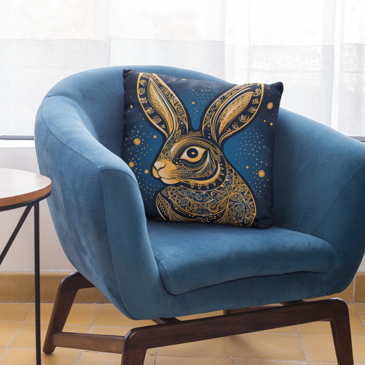 Rabbit Art Nouveau Gold & Blue Square Pillow