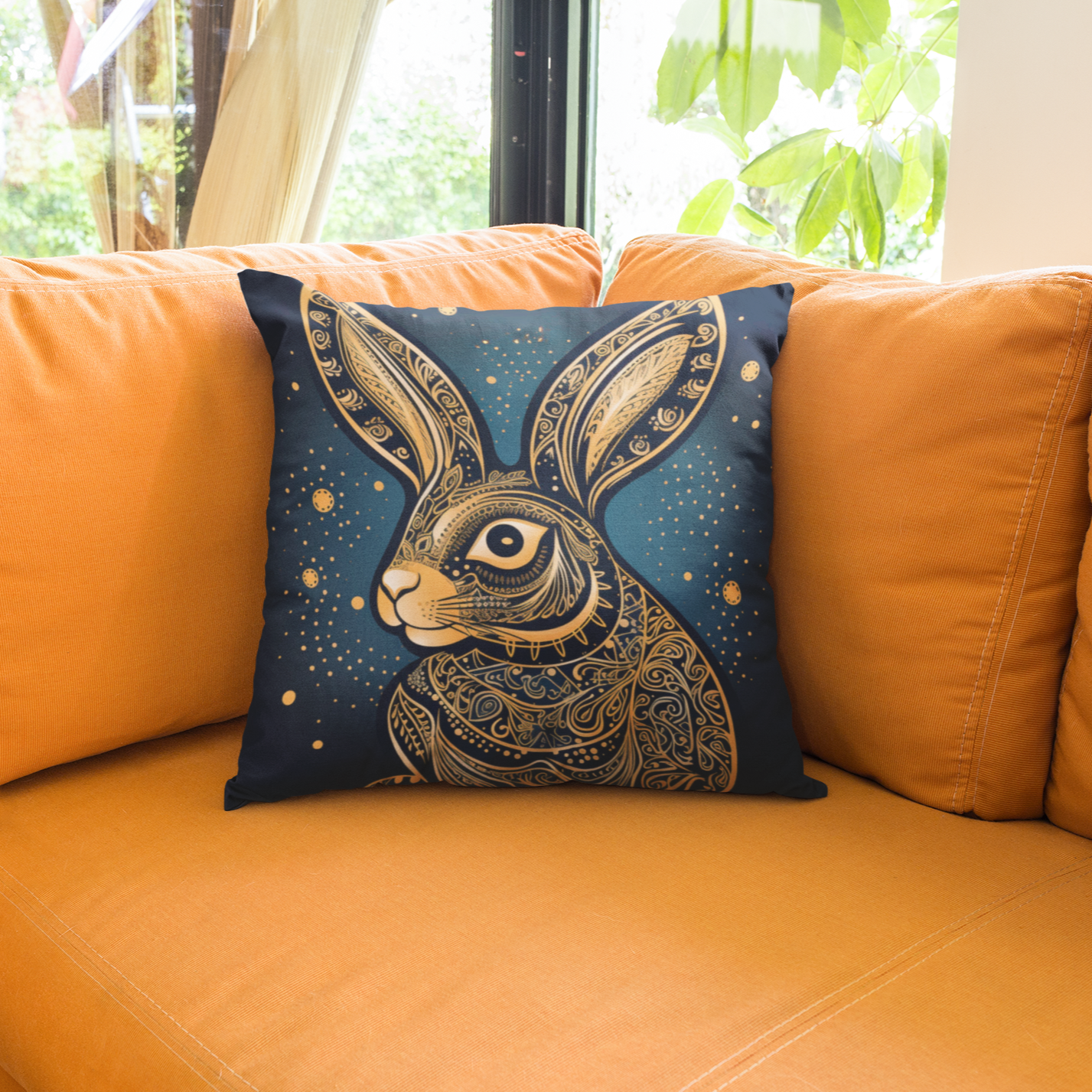 Rabbit Art Nouveau Gold & Blue Square Pillow