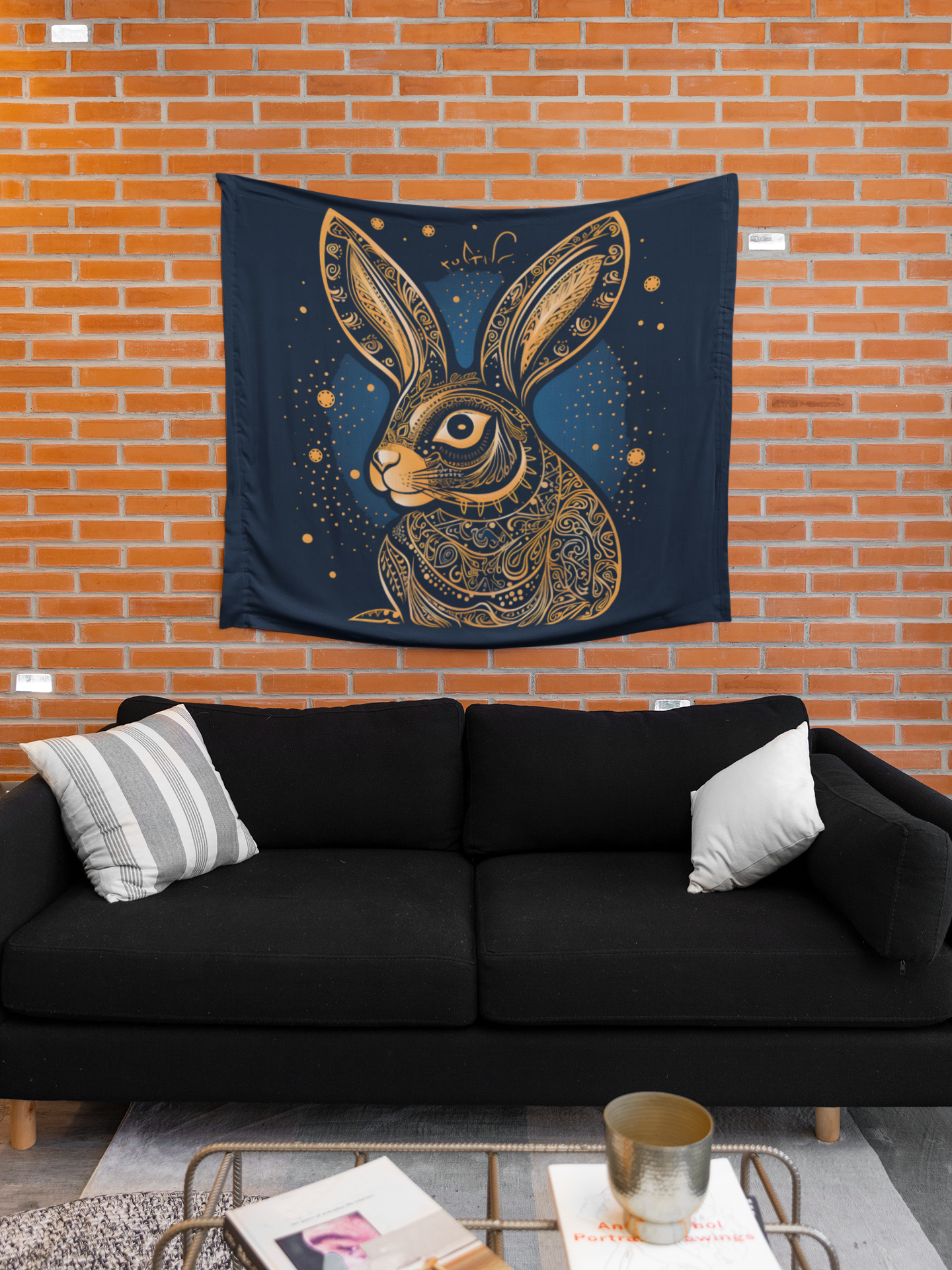 Rabbit Art Nouveau Gold & Blue Wall Tapestry