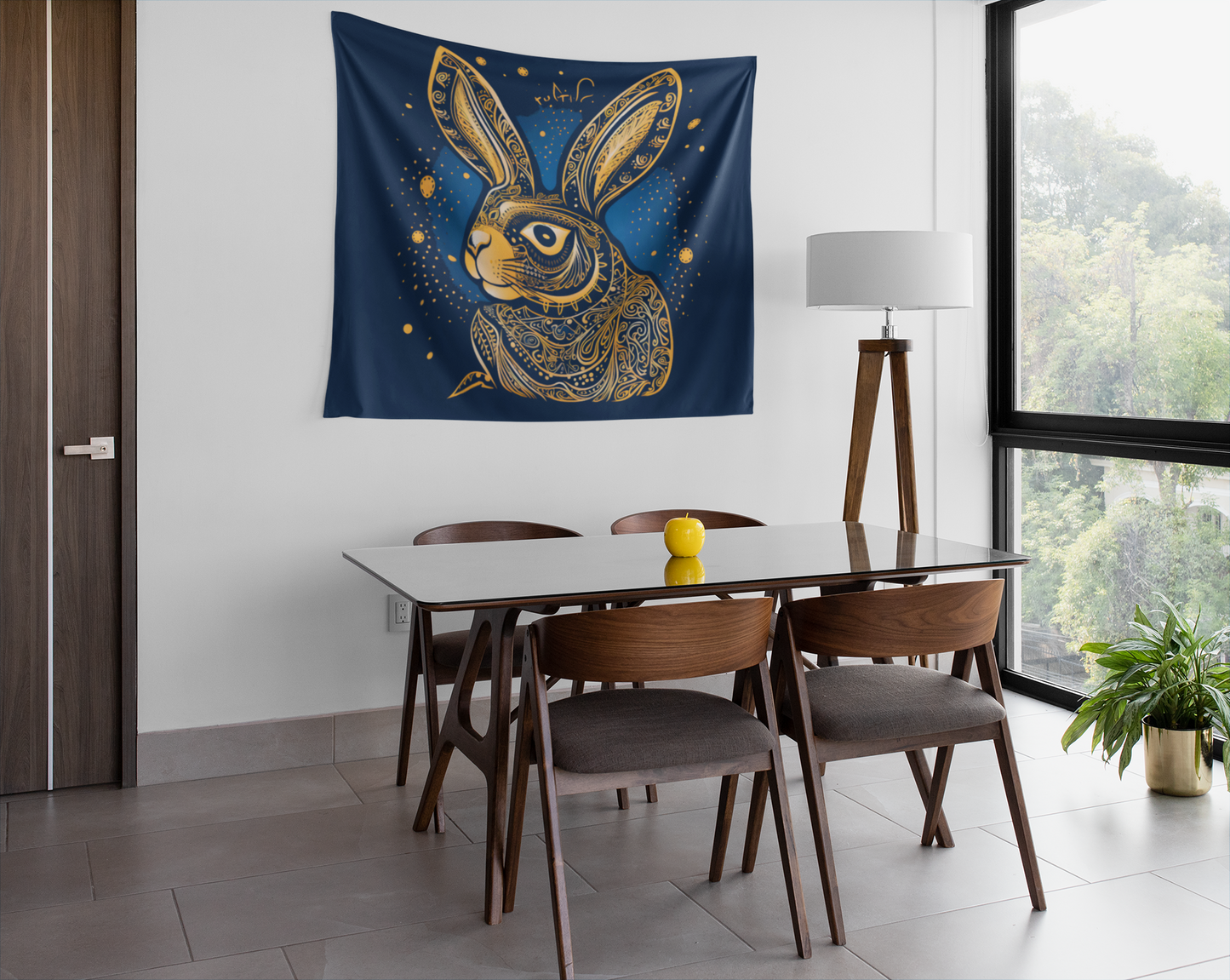 Rabbit Art Nouveau Gold & Blue Wall Tapestry